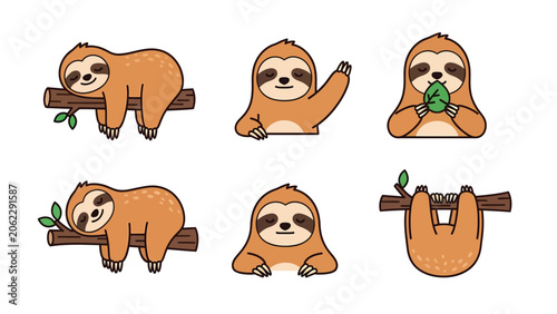 Cute cartoon sloth illustrations showing different poses and activities like sleeping, waving, and eating leaves.