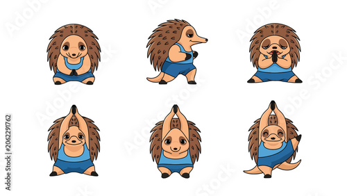 Cute cartoon hedgehog doing various yoga poses, isolated on white background.