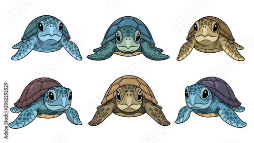 Collection of six cute cartoon sea turtles with different shell colors and patterns, facing forward.