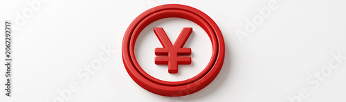 Red Yen Symbol in Circle: A bold, red 3D rendering of the Japanese Yen symbol encircled within a matching red ring, isolated on a clean, minimalist background, symbolizing currency and finance.