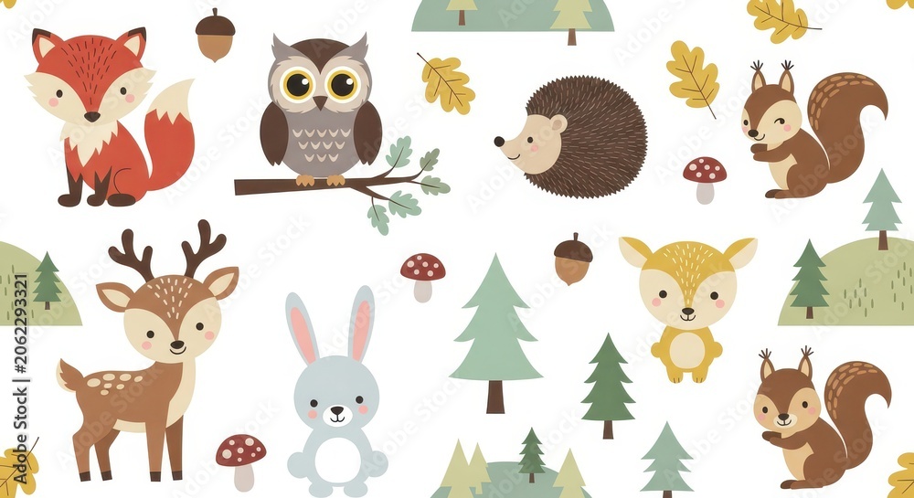 Fototapeta premium Cute Woodland Animals Seamless Pattern with Fox Owl Deer Rabbit and Squirrel in Forest Illustration for Kids Nursery Decor