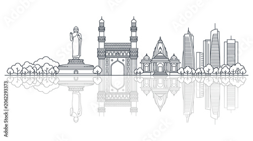 Hyderabad city skyline silhouette with landmarks and reflection on water surface background.