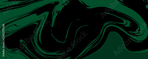 Abstract dark green and black liquid marble banner background with fluid swirls