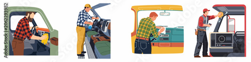 Billede på lærred Illustration of professional car detailers and truck drivers cleaning the interior of vehicle cabins, wiping dashboards and windows for maintenance and cleanliness