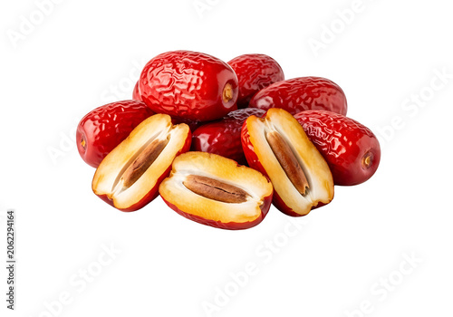 Pile of Ripe Red Dates, One Cut in Half Showing Seed isolated on transparent background