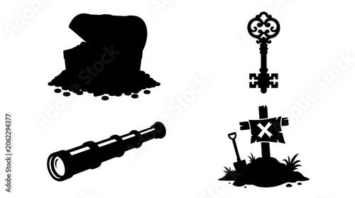 Tableau sur toile Black Pirate Silhouette Icons Set with Treasure Chest Key and Spyglass