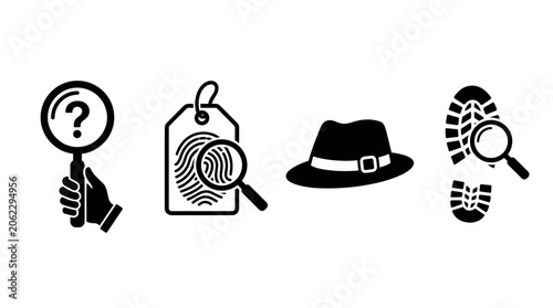 Set of Investigative Icons Featuring Detective Symbols and Evidence Clues