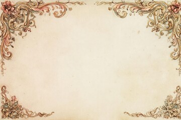 Antique ornate floral border design with vintage scrollwork and decorative elements on a textured parchment background