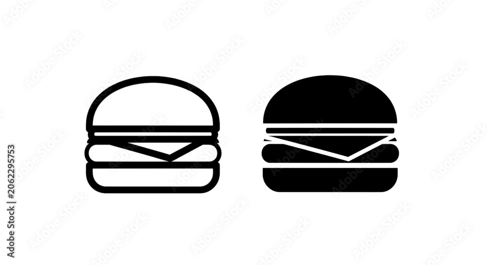 Fototapeta premium Minimal black silhouette icon, simple flat vector, bold black shape, no, no shading set of burger icons, outline and solid style vector illustration on a, flat icon style