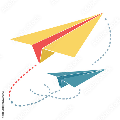 Colorful Paper Airplanes in Flight with Dotted Paths