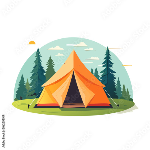 Flat design mountain landscape with sun and trees