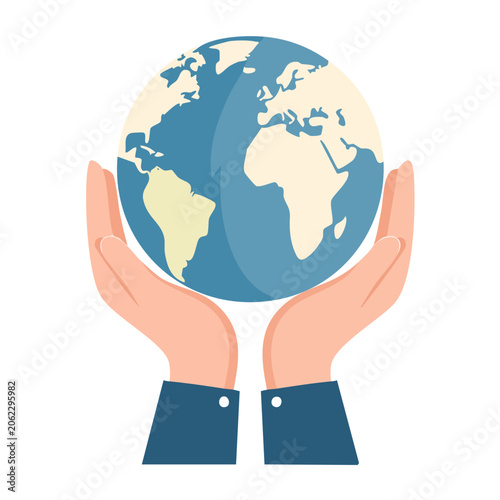 Hands holding the Earth in flat design style