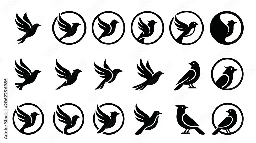 Fototapeta premium Collection of Minimalist Black Bird Silhouette Vector Icons for Branding