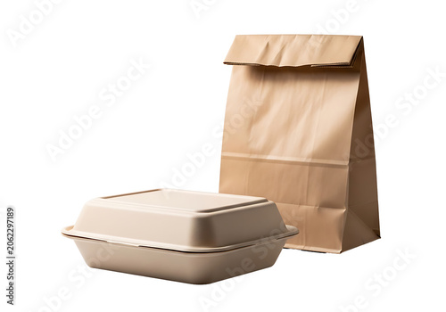 Blank Brown Paper Bag and Food Container isolated on transparent background