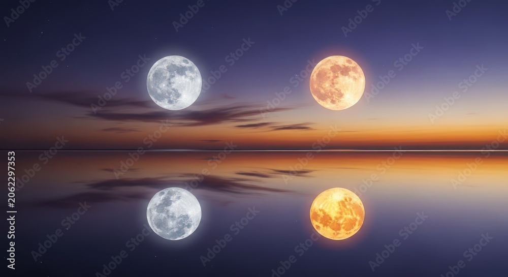 Fototapeta premium Surreal Night Landscape with Two Full Moons Reflecting in Calm Water at Sunset or Sunrise