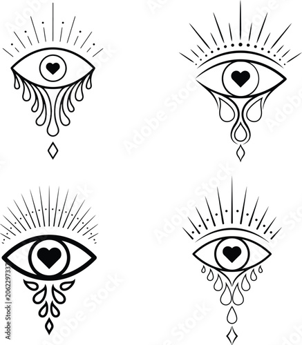 Mystical eye symbol with heart inside and dripping tears isolated on transparent background