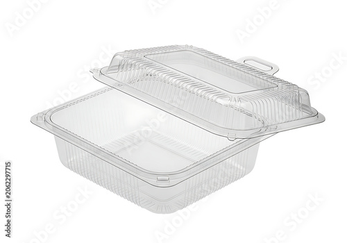 Clear Plastic Food Container with Hinged Lid, Transparent Packaging for Takeaway and Storage  isolated on transparent background