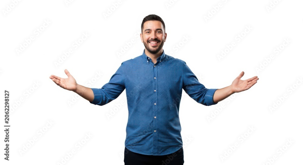 Fototapeta premium Smiling man with arms outstretched isolated on white background