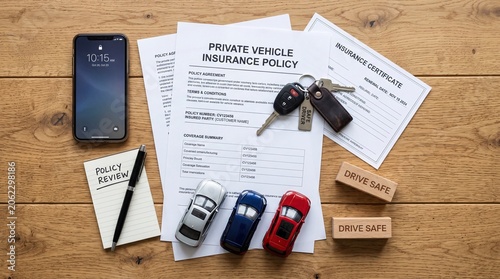 Car insurance documents with keys smartphone and toy vehicles