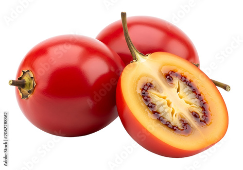 Three ripe tamarillo fruits, one cut in half, showcasing their vibrant red skin and juicy interior. isolated on transparent background