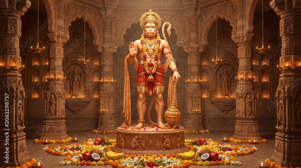 Fototapeta premium hanuman, deity, standing, ornate, temple, interior, dramatic, lighting, offerings, belief, devotion, divine, faith, god, mythology, prayer, spiritual, spirituality, blessing, hinduism, offering, worsh