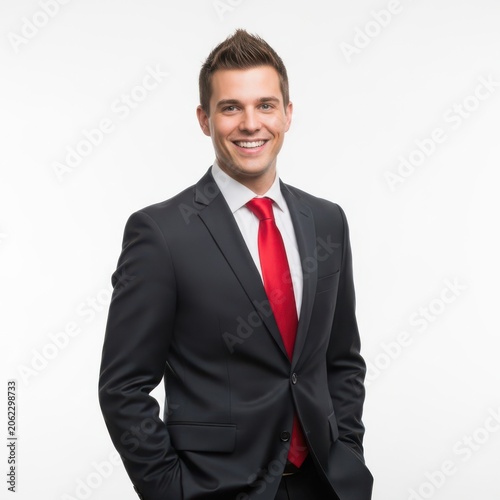 Smiling professional man in dark suit and red tie