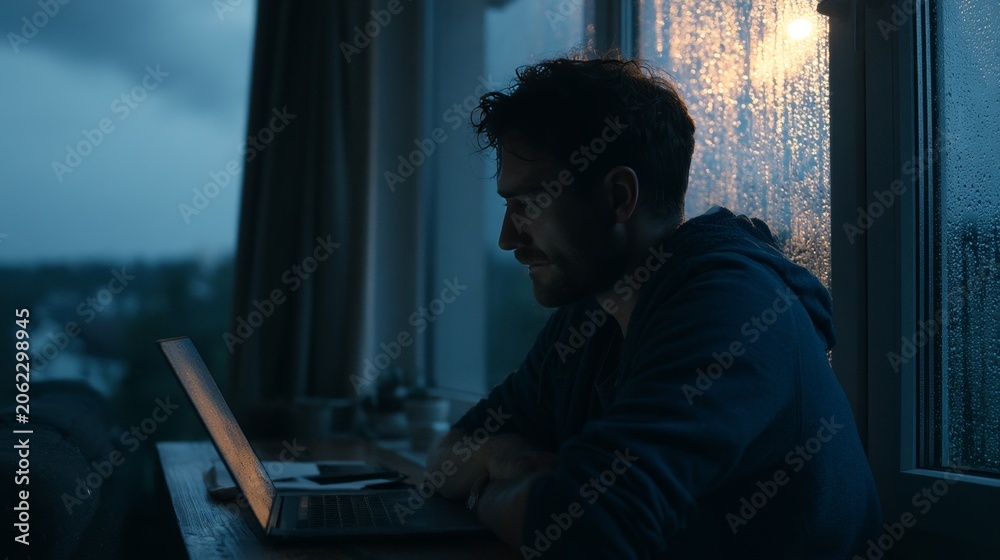 Obraz premium Man working on laptop at dusk by window with natural light, remote professional life