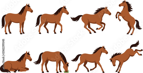 Brown Horse Character Animation Pose Sheet Collection Vector Featuring Standing Walking Running Trotting Galloping Rearing Lying Down Grazing and Kicking Actions