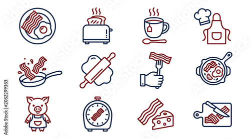 Colorful illustrations of breakfast food preparation tools