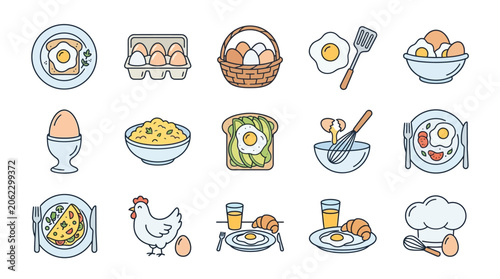 Colorful Illustrations of Breakfast Foods and Eggs