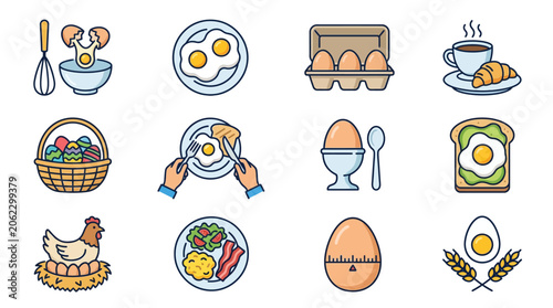 Colorful illustrations of breakfast foods and eggs