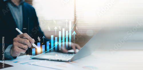 Obraz na plátne Business financial growth analysis with rising bar chart, percentage indicators and upward trend line
