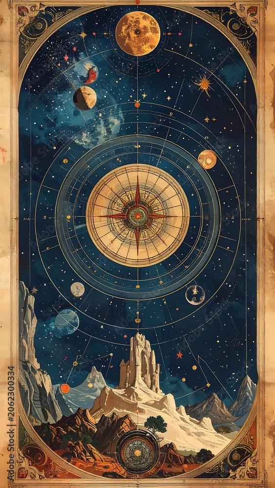 Obraz premium Vintage celestial map with decorative compass and planets