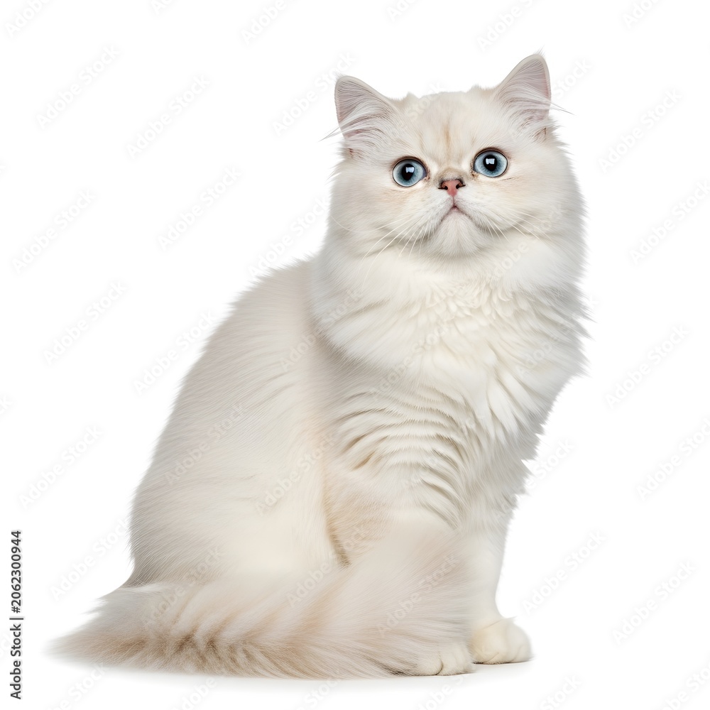Fototapeta premium Cute fluffy white persian cat sitting and looking at camera