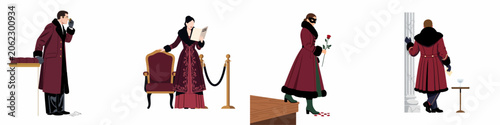 Εκτύπωση καμβά Set of four theatrical character illustrations in vintage costumes, featuring elegant figures in deep red and fur-trimmed attire for opera or drama