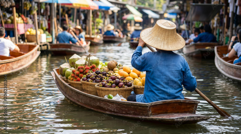 Naklejka premium Thai vendor in a straw hat rowing a wooden boat full of fresh tropical fruits at a floating market