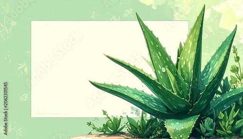 Aloe vera plant in horizontal composition for copy space, digital watercolor illustration, bright natural light on green botanical background.