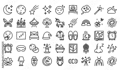 Fotografie Sleep and dream line icon collection with moon stars fantasy and relaxation symb