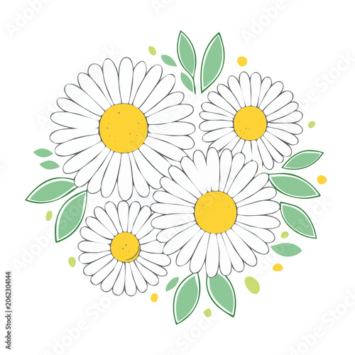 Flat design cluster of daisy flowers with green leaves
