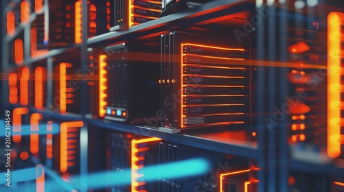 Close-up of illuminated server rack storage.
