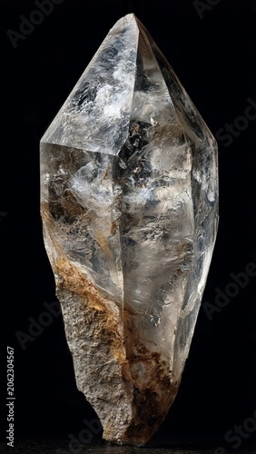 Pointed quartz crystal geode specimen with natural brown tones on black backdrop
