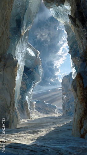 Natural Cave Tunnel Interior Shot: Dramatic Blue Light and Geological Formation