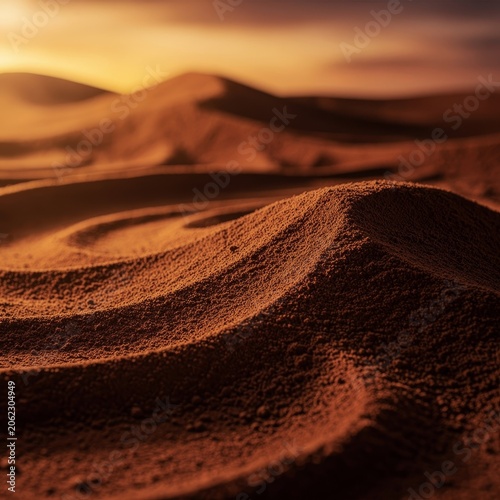 Golden ripples of undulating desert sand dunes at warm sunset light