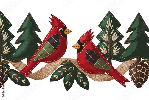 Two Cardinals Perched on Branch Winter Forest Scene Illustration