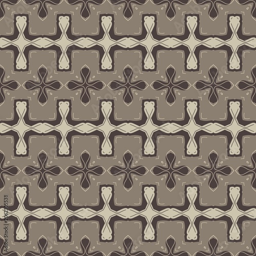A pattern of squares and crosses in a tan and brown color scheme. The squares are in various sizes and the crosses are in different shapes