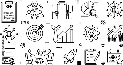 Photos Business project management and RFP request for proposal line icons set with cor