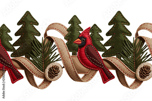 Two Cardinals Perched on Branch Winter Forest Scene Illustration