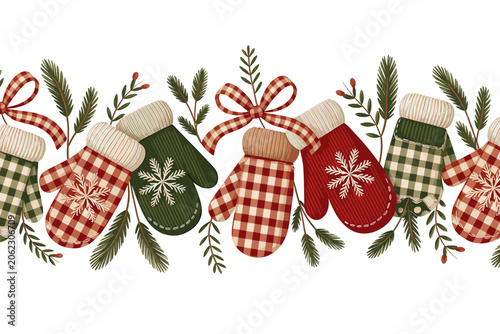 Christmas Mitten Border with Pine Branches and Ribbons
