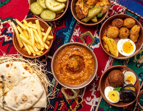 Traditional Middle Eastern Food on Colorful Rug