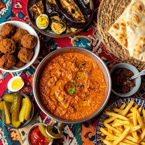 Middle Eastern Food Spread with Falafel, Eggplant, Pita Bread and and Fries